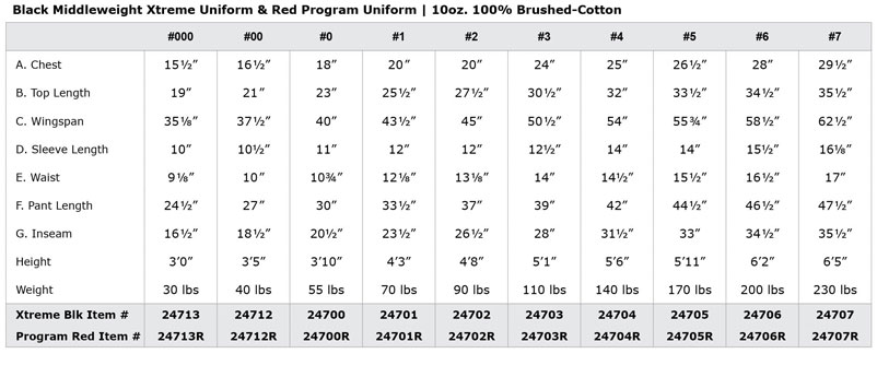 BLACK XTREME UNIFORM SIZING CHART